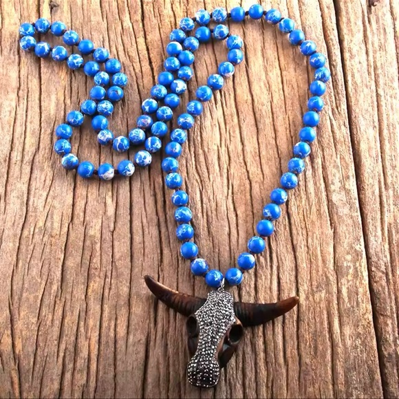 Anthropologie Jewelry - Lapis Lazuli Bull Skull Long Knitted Necklace FINE CRAFTMANSHIP